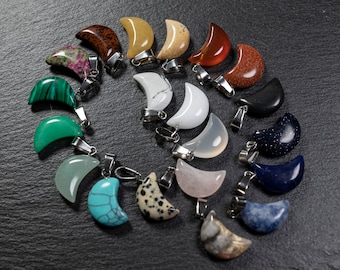 Small Gemstone Moon Pendant EU, Crystal new moon Pendant Necklace, Crescent moon, Choose your stone -  Quartz, Agate, Jasper, Obsidian etc