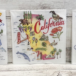 One (1) State Themed  - California, Texas or Georgia Cocktail Napkins for Decoupage and Crafts (169)