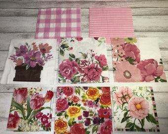 Pretty in Pink Bundle | Assortment of (8) Pink Floral and Coordinating Pink Themed Napkins for Decoupage, Junk Journals and Crafts (144)