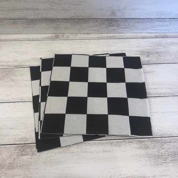 Five (5) Luncheon Size Black White Checkerboard Napkins for Decoupage and Crafts (136)
