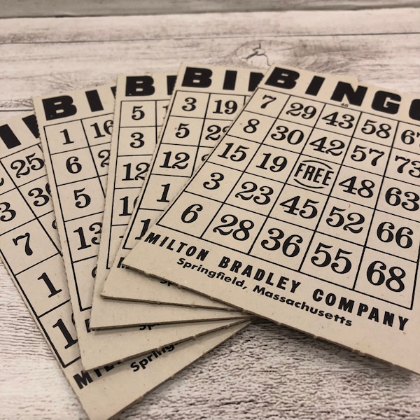 Five (5) Vintage Black and White Bingo Cards by Milton Bradley Co. for Decoupage, Junk Journals and Crafting