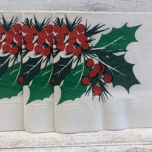Three (3) VINTAGE Christmas Napkins with Holly and Berries for Decoupage and Crafts (157)