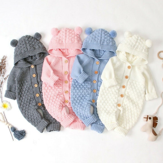 Baby Romper Newborn Winter Warm Hooded Knitted Jumpsuit Knit Etsy