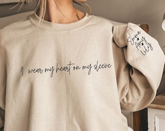 I Wear My Heart On My Sleeve Sweatshirt for Mothers Day, Custom Mama Sweatshirt with kids Name on Sleeve, Mother Day Gift, Mom Shirt,PR361