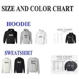 May include: Size chart for hoodies and sweatshirts in black, white, and grey. The chart shows the width and length in inches for sizes small to 3XL.