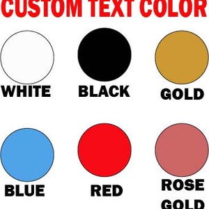 May include: A chart displaying various text colour options for personalising a design. The colours are white, black, gold, blue, red, and rose gold.