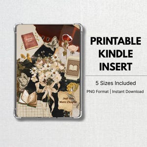 Puede incluir: Insert imprimible para Kindle con un diseño vintage. Presenta un collage de flores blancas, mariposas y libros abiertos. El texto incluye "Bookish Babe" y "Just One More Chapter".
