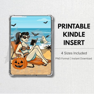 May include: Printable Kindle insert featuring a cartoon woman in a swimsuit reading on a beach, with a jack-o'-lantern, bats, and a ghost. The text reads "PRINTABLE KINDLE INSERT" and "4 Sizes Included".