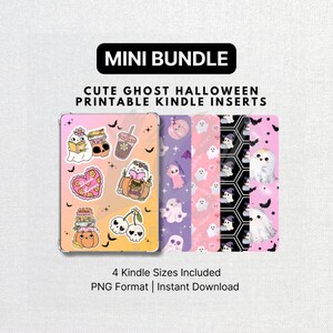 May include: A bundle of cute ghost Halloween printable Kindle inserts. The inserts feature various designs, including ghosts, pumpkins, and bats, with the text "MINI BUNDLE" at the top. The text "4 Kindle Sizes Included" and "PNG Format | Instant Download" are also included.