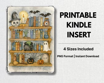Watercolor Halloween Kindle Insert: Spooky Bookshelf, Witchy Ghost & Skull (Instant Download)