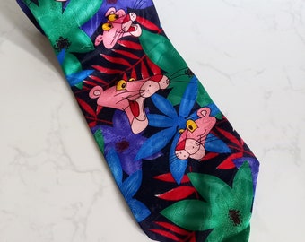 Vintage 1993 Tie Rack Pink Panther Dibujos animados novedad corbata de seda