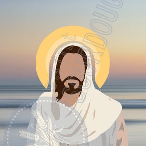 May include: A digital illustration of a man with a beard and long hair wearing a white robe. He is standing in front of a body of water with a sunset in the background. A halo of light surrounds his head.