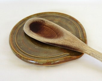 Handmade Spoon Rest. Wheel-thrown Ceramic Warm Buff Stoneware Pottery Clay Spoon Rest. Rustic Olive Glaze. Made in USA.
