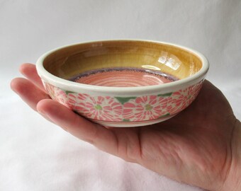 Handmade Cat Food Bowl. Wheel-thrown, Hand Painted Striped Roses with 2 Nerikomi Inlay Bands. Whisker Friendly Cat Bowl.
