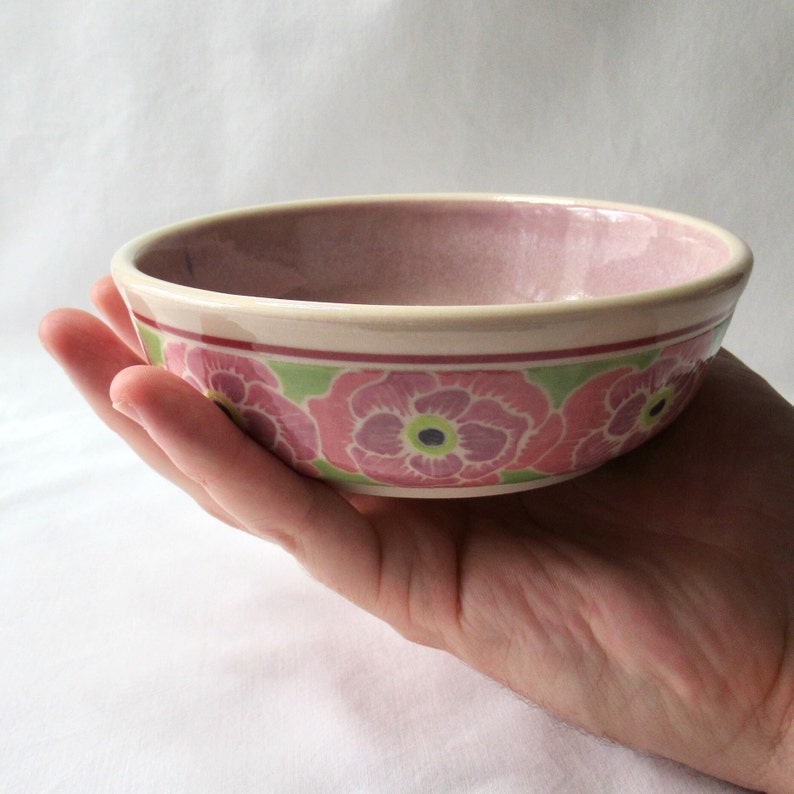 Handmade Cat Food Bowl. Wheel-thrown, Hand Painted Anemones with Nerikomi Inlay Band. Whisker Friendly Cat Bowl. image 1