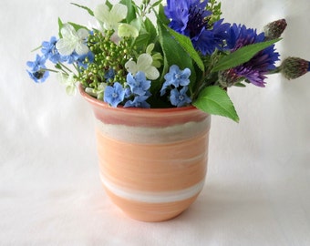 Small Flower Vase. Handmade Wheel thrown, Orange and White Colored Porcelain Clay Ceramic Vase. Flared Rim. Neriage Bud Vase. Made In USA