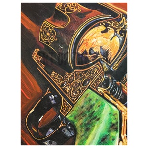 May include: A close-up of a black and gold handgun with intricate engravings. The gun has a green jade grip and a gold eagle design on the side.