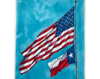 US and TEXAS Flag Combo - Large 18 x 24 Original Watercolor Flag Painting