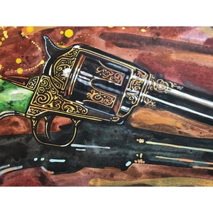 May include: An ornate, black and gold revolver with intricate scrollwork detailing. The gun is set against a watercolor background of brown, green, and yellow hues, creating a vintage aesthetic. The barrel and handle are dark, contrasting with the gold embellishments.
