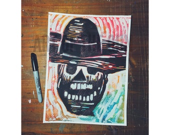 Skull With Hat Watercolor Painting - 9x12 | Day of the Dead Wall Art | Skull Art | Dia de los Muertos Art | José Guadalupe Posada