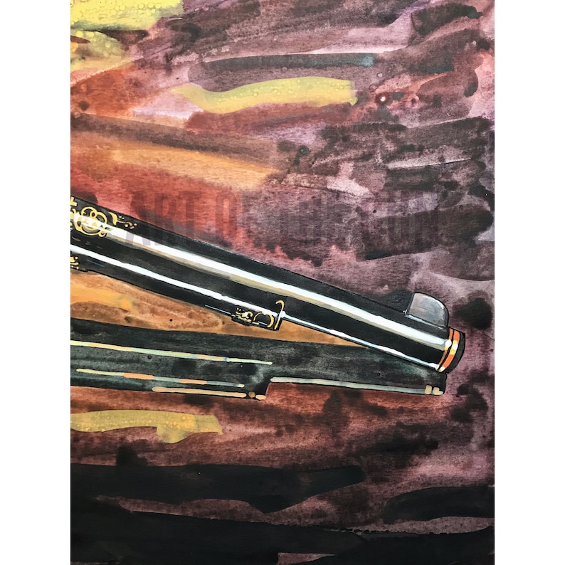 May include: Watercolor painting of a black and gold firearm against a backdrop of blended brown, purple, and yellow hues. The firearm's barrel is detailed with gold accents and a copper-colored tip. The artwork has a vintage aesthetic.