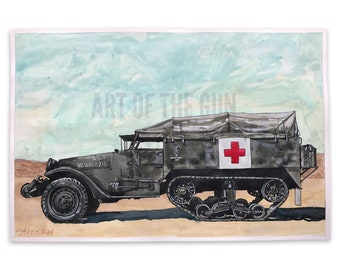 WW2 US Army M-3 Halftrack Ambulance - 1942 | 12x18 Original Watercolor Painting | WW2 Army Painting  | Military History Wall Art