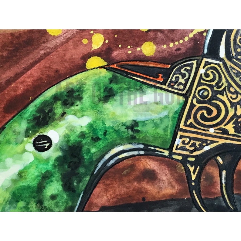 May include: Watercolor painting of a vintage revolver. The gun features a green handle with black accents and ornate gold detailing on the frame. The background is a mix of brown and yellow splatters.
