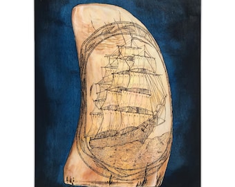 Scrimshaw Whale Tooth Original Painting #5 | American Folk Art | Antique Merchant Ship Emerald