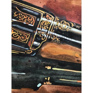 May include: Watercolor painting of a black revolver with gold filigree detailing. The gun is set against a backdrop of brown and reddish-brown hues, with a focus on the ornate design and craftsmanship.