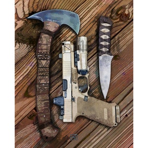 Art Of The Gun - Winkler Axe and Glock 19X Art Print | Guns Blades Tomahawks | Firearms Illustration | Gun Art