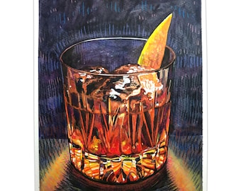Old Fashioned Cocktail Watercolor Painting: Vintage Barware Art