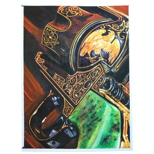 May include: A close-up of a black and gold revolver with intricate engravings. The revolver has a green and gold handle and a gold eagle design on the side.