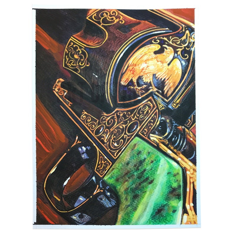 May include: A close-up of a black and gold revolver with intricate engravings. The revolver has a green and gold handle and a gold eagle design on the side.