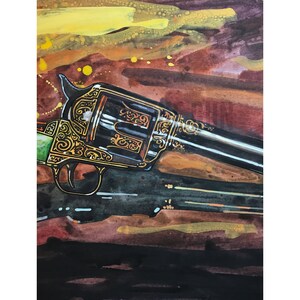 May include: Watercolor painting of a black revolver with gold filigree detailing. The gun is set against a backdrop of warm colors, including yellow, orange, and brown, creating a vintage aesthetic. The artwork captures the essence of the Wild West.