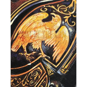 May include: A watercolour painting of a golden eagle with black and gold accents. The eagle is perched on a black background with gold details.