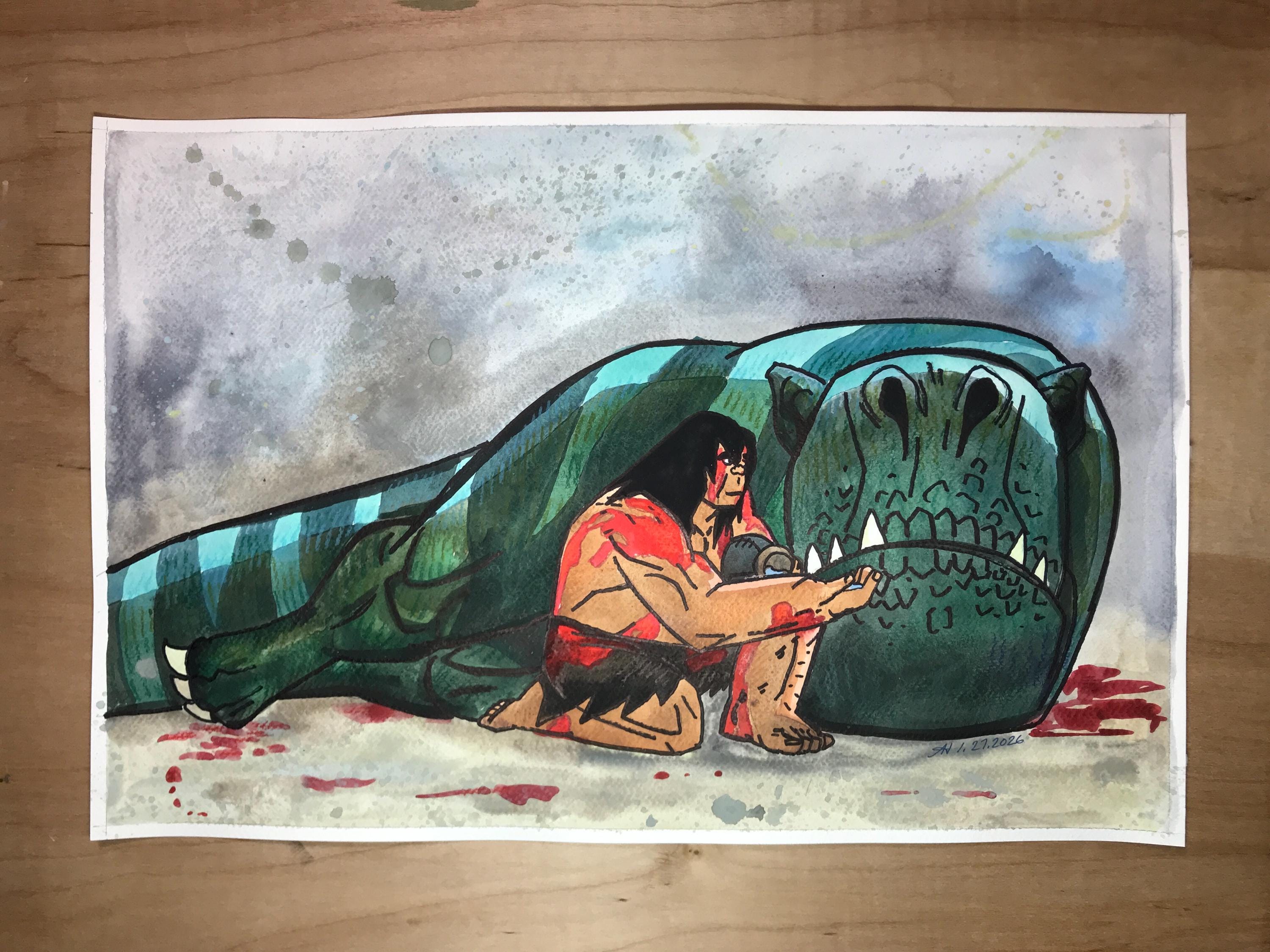 Spear Takes Care of Fang 12x18 Watercolor Painting | Inspired by
