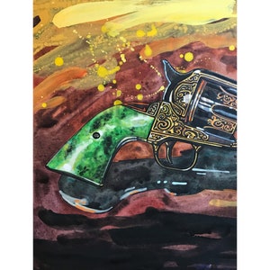 May include: Watercolor painting of a revolver with a green handle and ornate gold detailing on a black barrel. The background features a blend of red, brown, and yellow hues, with splashes of yellow.