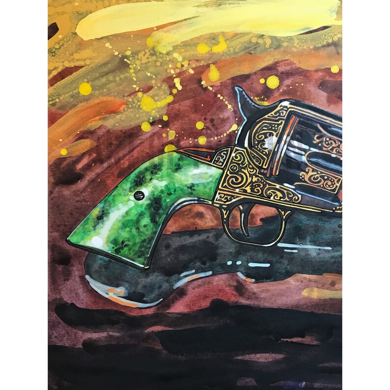 May include: Watercolor painting of a revolver with a green handle and ornate gold detailing on a black barrel. The background features a blend of red, brown, and yellow hues, with splashes of yellow.
