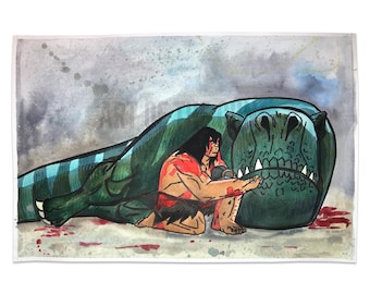 Spear Takes Care of Fang 12x18 Watercolor Painting | Inspired by Genndy Tartakovsky’s Primal TV series | Neanderman | Tyrannosaurus Rex