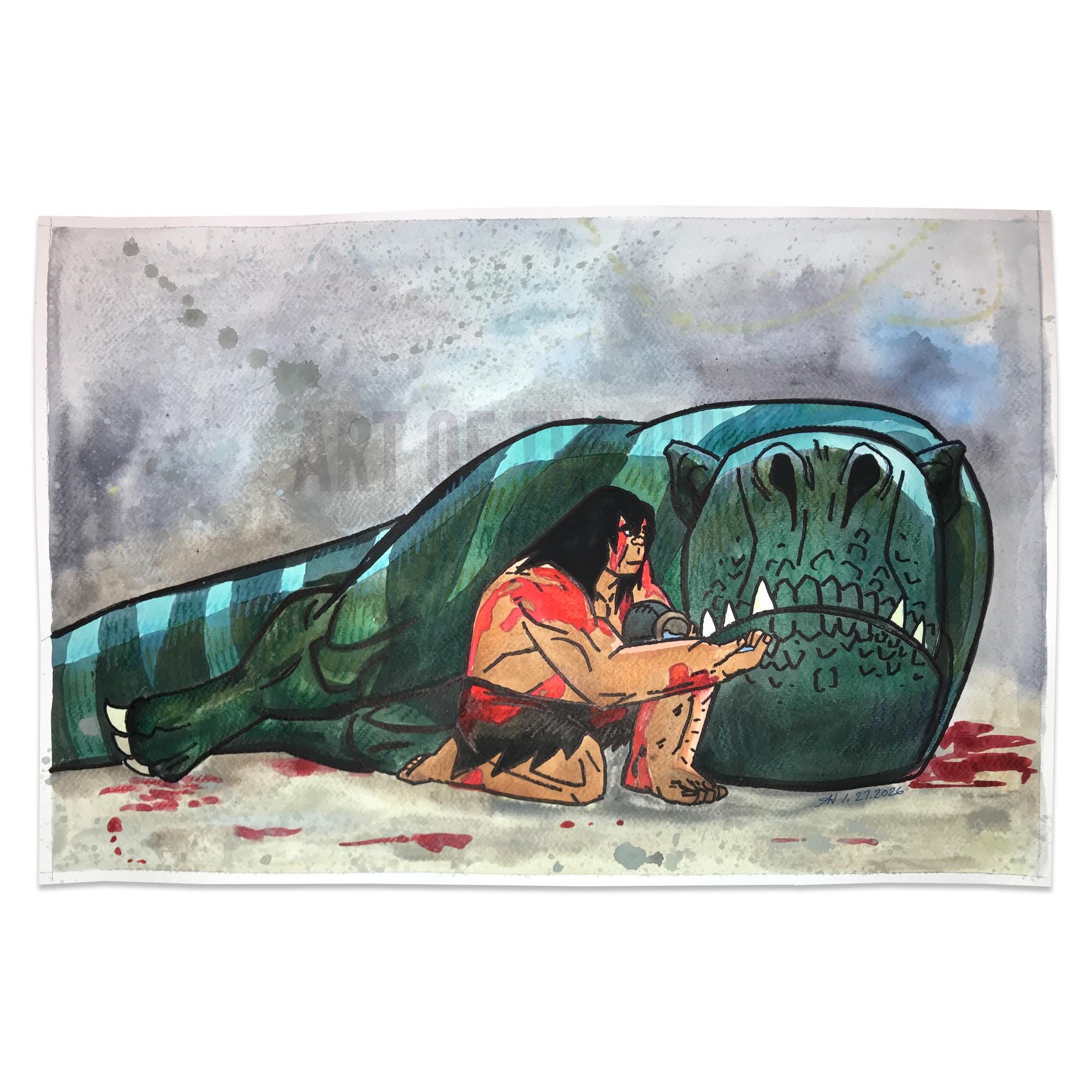 Spear Takes Care of Fang 12x18 Watercolor Painting | Inspired by
