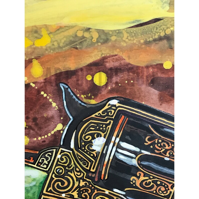 May include: Close-up of a black and gold revolver with intricate scrollwork. The gun is set against a backdrop of warm, earthy tones, with yellow and orange accents. The artwork has a vintage, Western theme.