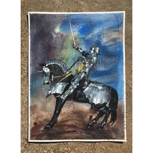 Knight and Steed Watercolor Painting: Medieval German Armor Art (18x24)