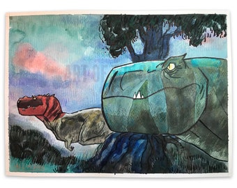 Primal Fan Art: Fang & Red T-Rex Watercolor Painting (11x15)