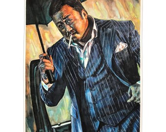 Korean Actor Don Lee 18x24 Watercolor Painting: Action Film The Gangster The Cop The Devil