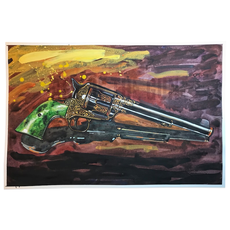 May include: Watercolor painting of a revolver with a black barrel and cylinder, gold filigree, and a green handle. The background features a blend of yellow, orange, and brown hues, with a dark shadow beneath the gun.