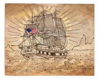 The Sunbeam - American Whaling Ship in the Arctic | Original Scrimshaw Style Painting | Old Americana