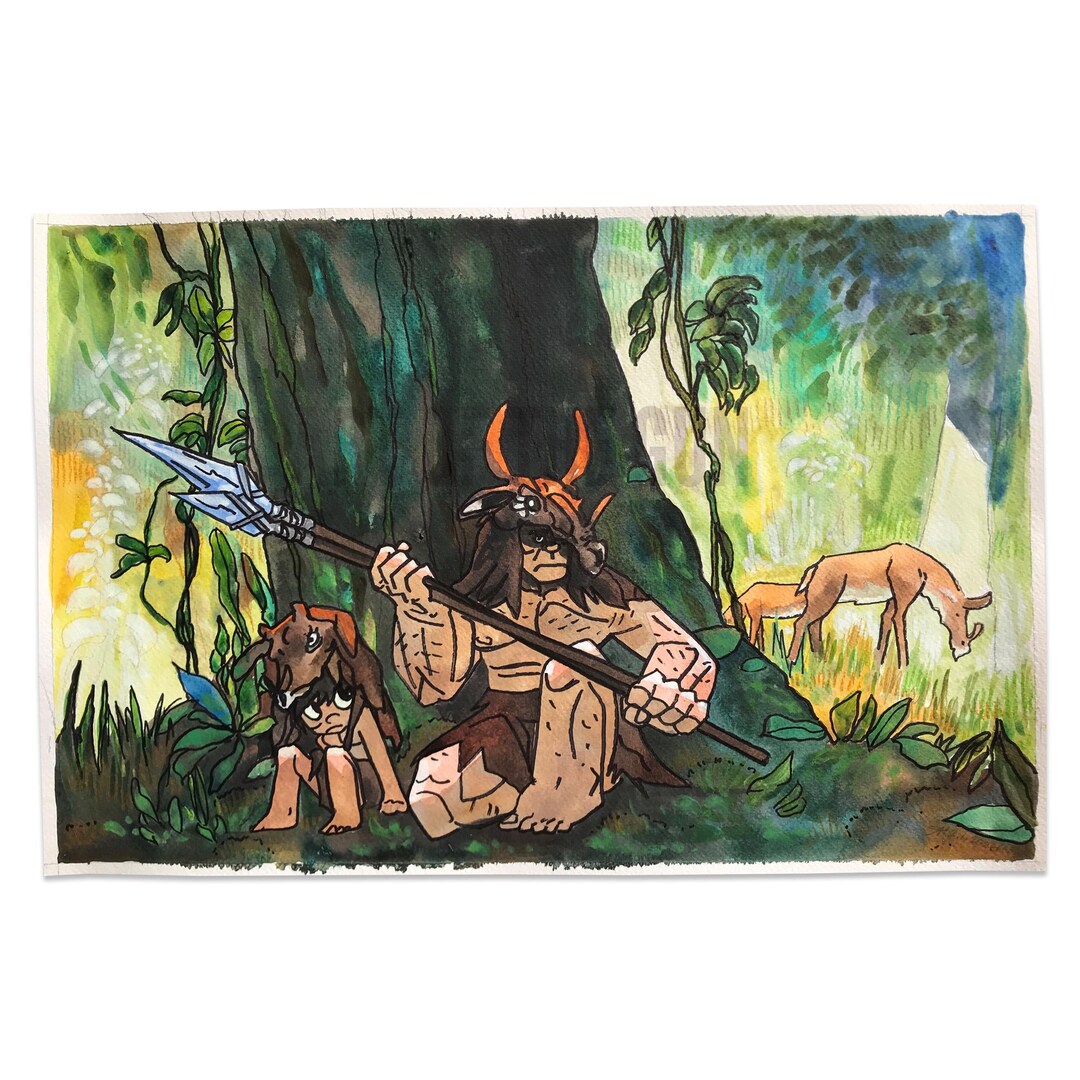 First Hunt First Hunt - Spear and His Son | 12x18 Original Watercolor Painting ...