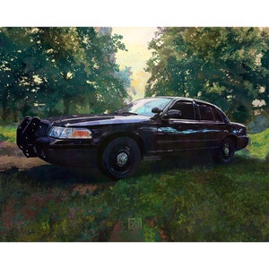 May include: A dark-colored sedan with a push bar, parked on a grassy area surrounded by trees. The car has black wheels and a front bumper guard. The artwork has a painterly style with a natural background.