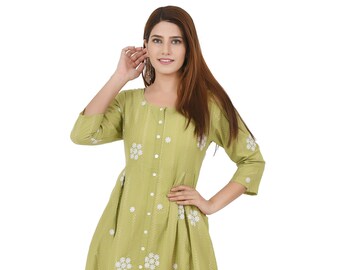 Floral Embroidery Dress for Wedding | Modest Bridesmaid | Festival Party | Cotton Dobby Kurta