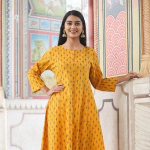 Dames Indiase etnische A-lijn Kurta-broekset| Geel mosterdblok bedrukte Kurti | Ontwerperknop tonen| Gratis DHL Express